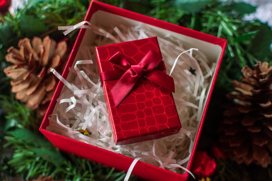 A beautifully wrapped red gift box amidst pine cones and greenery, perfect for Christmas decor.