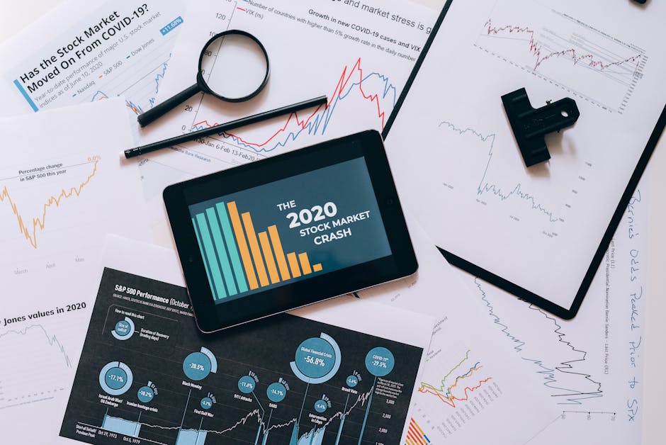 Tablet displaying 2020 stock market crash amidst graphs and charts. Perfect for financial analysis themes.