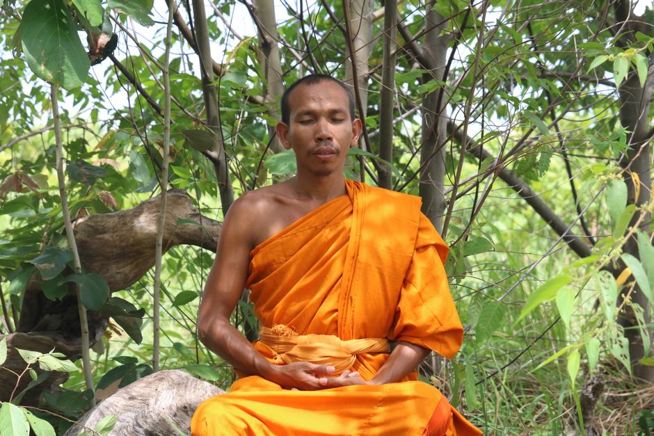 Buddhist monk peacefully meditating outdoors surrounded by lush Cambodian forest greenery.